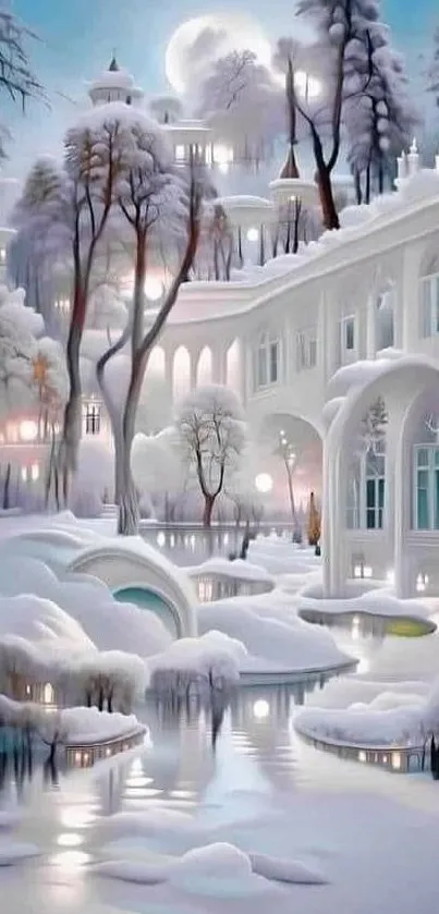 Enchanting snowy landscape with trees, snow, and moonlit architecture.