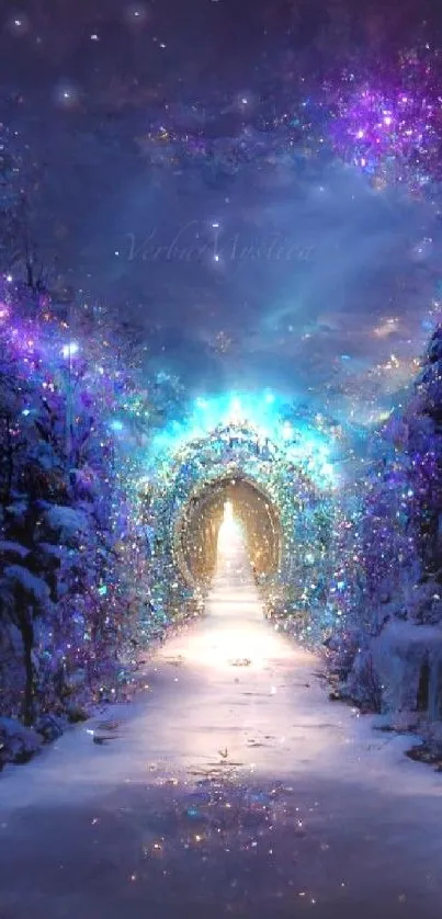 Enchanted winter forest wallpaper with blue and purple hues.