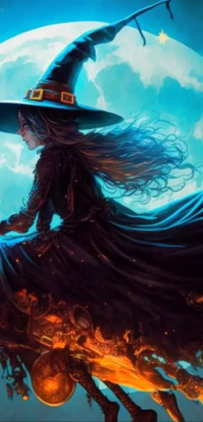 Mystical witch flying under a bright blue moon, showcasing fantasy and magic.