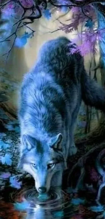 Enchanting blue wolf in mystical forest wallpaper.