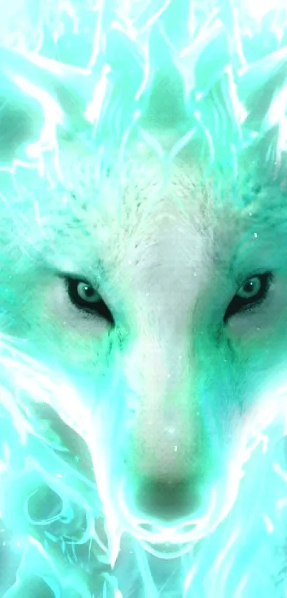 Enchanting teal glowing wolf on dynamic black background wallpaper.