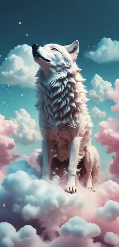 White wolf seated among pink and blue clouds in a dreamy sky wallpaper.