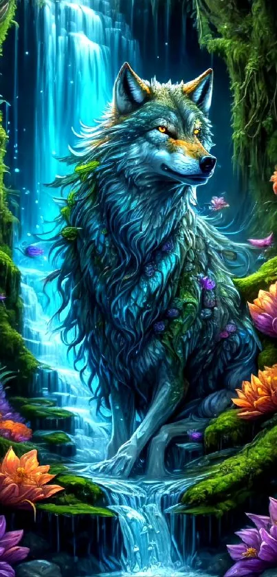 Mystical wolf by a waterfall with colorful flowers in a fantasy forest setting.