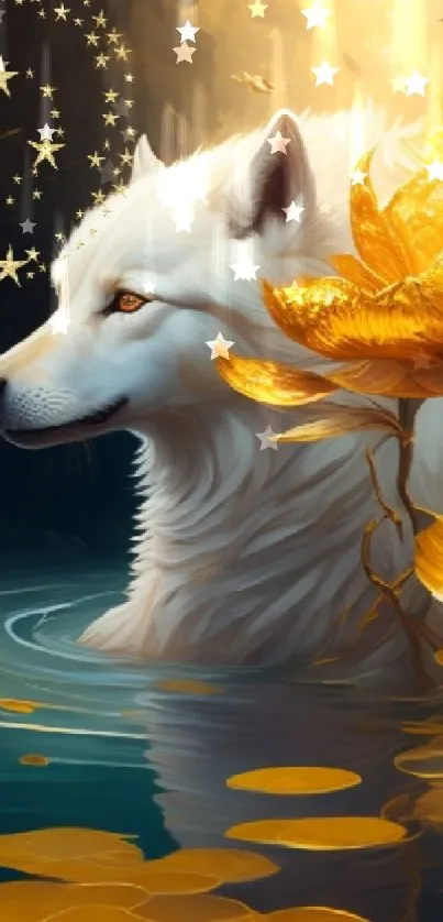 White wolf with golden flowers in a mystical setting.