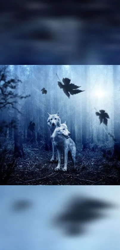 Mysterious blue forest with wolves and falling leaves.