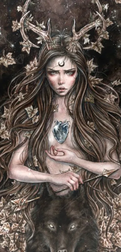 Mystical woman with antlers and wolf in dark fantasy art.