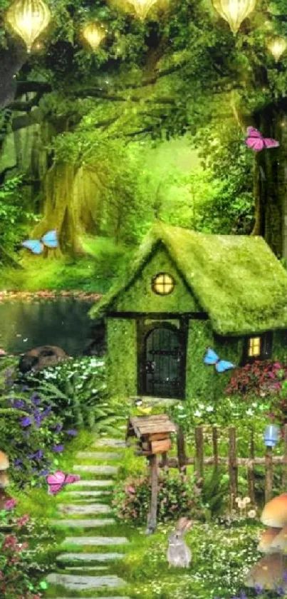 Enchanting woodland wallpaper with moss cabin and butterflies.