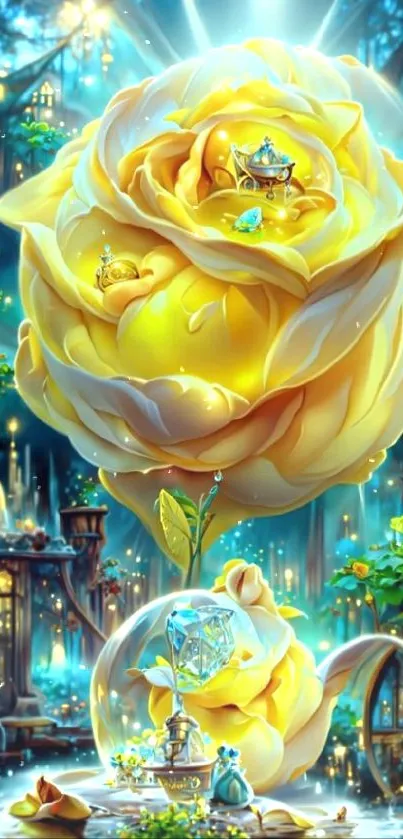 Enchanting yellow rose in a magical, fantasy scene wallpaper.