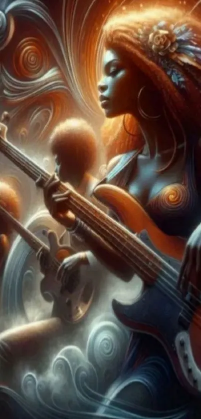 Surreal artwork of women playing guitars in a vibrant, fantasy scene.