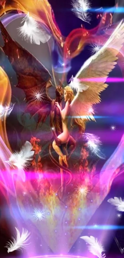 Magical wallpaper of an angel and demon entwined in a heart of light and darkness.