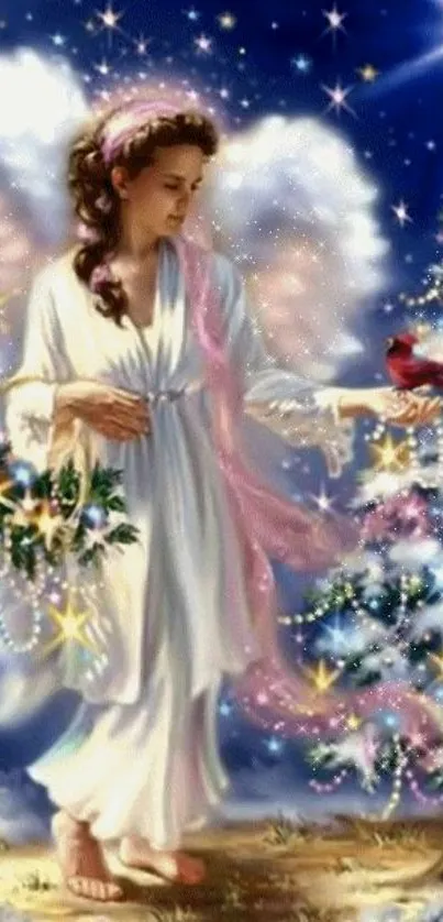 Angel with tree and bird in magical Christmas scene.