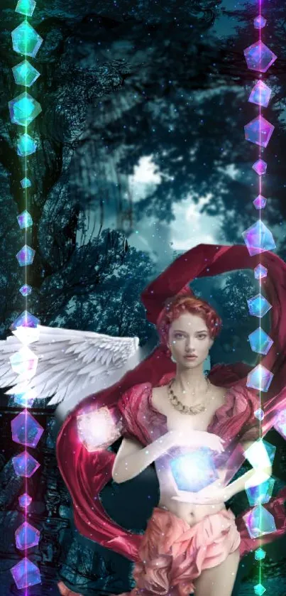 Mystical angel in forest with vibrant lights and wings.