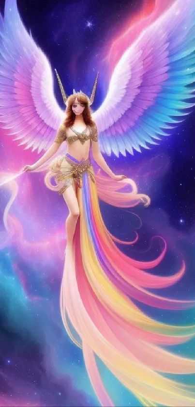 A colorful angel with vibrant wings in a celestial fantasy setting.