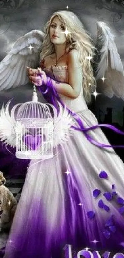 Enchanting angel in white and purple fantasy scene.