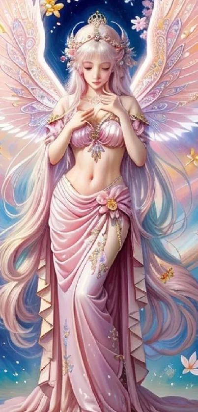 Angelic figure with wings in pastel colors against a floral and starry background.