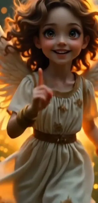Whimsical angel with wings in golden light setting.
