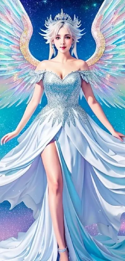 Angelic figure with wings in cosmic backdrop mobile wallpaper.