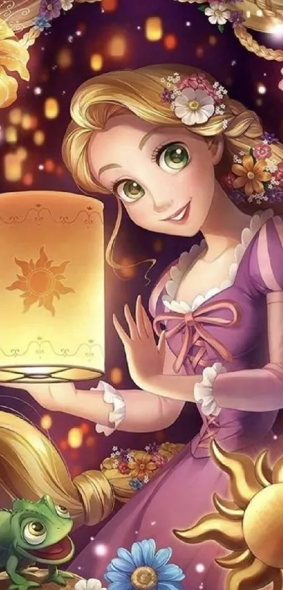 Vibrant animated character in purple dress holding a glowing lantern.