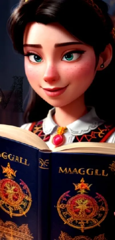 Animated girl with a magical book in vibrant colors.