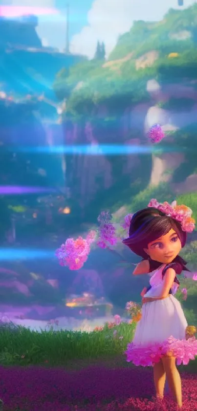 Animated girl in a colorful fantasy landscape with vibrant flowers.