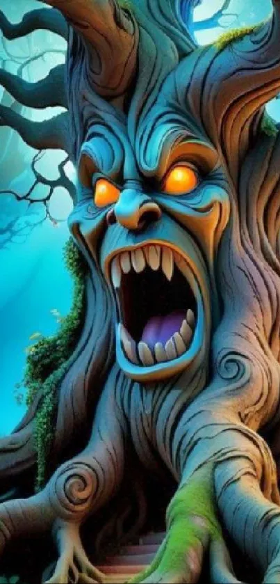 Digitally illustrated eerie tree with glowing eyes and open mouth.