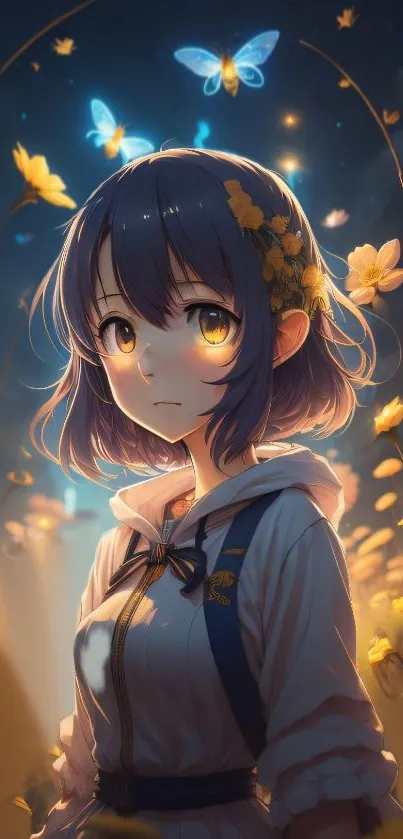 Enchanting anime girl with glowing butterflies and yellow flowers on mobile wallpaper.