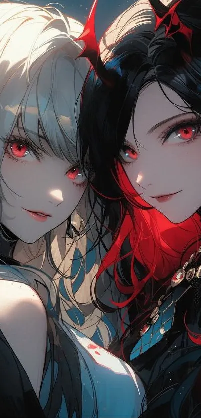 Anime demon duo with red eyes in vibrant wallpaper.