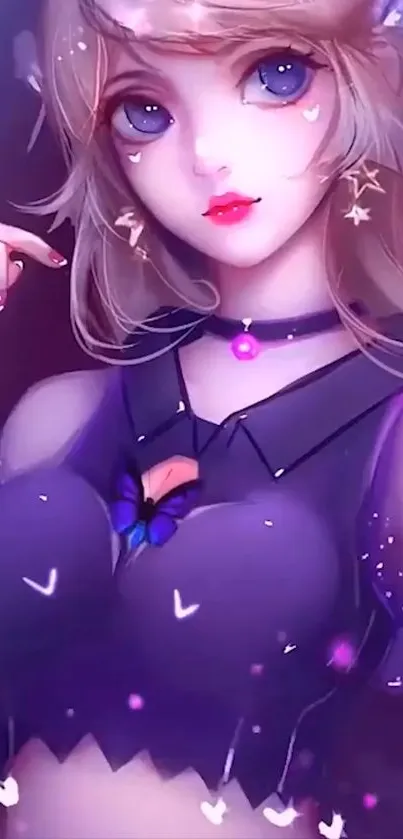 Enchanting anime girl in purple attire with stars and butterflies.