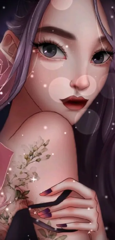 Anime art of a captivating character with pink and purple hues, featuring floral details.