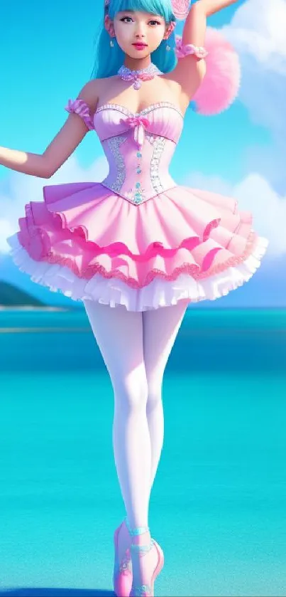 Anime ballet dancer in pink dress by ocean.