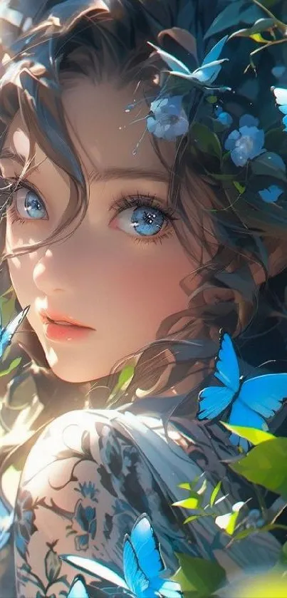 Anime girl with blue butterflies and green leaves in enchanting artwork.