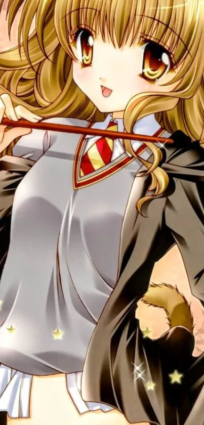 Anime girl with wand and golden hair in magical setting.