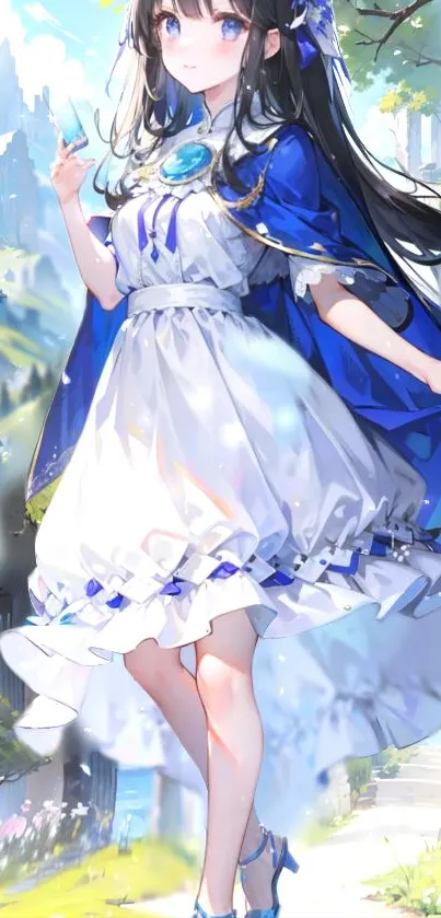 Beautiful anime girl in a fantasy landscape with blue and white dress.