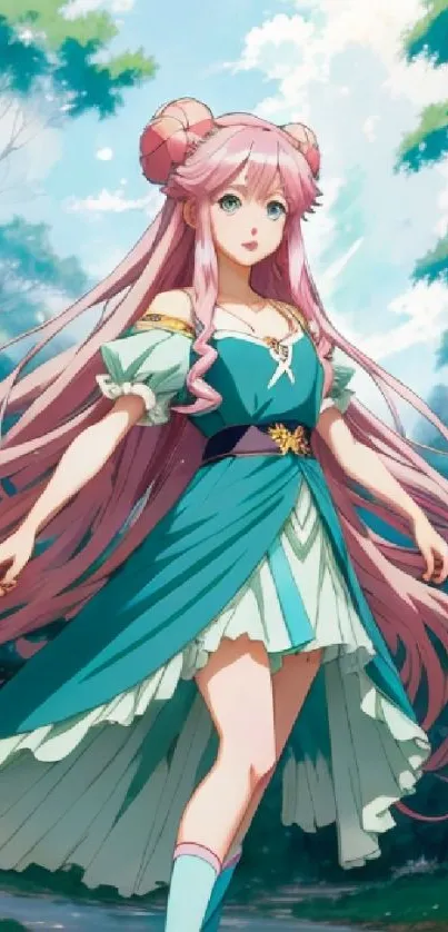 Anime character with pink hair in a teal dress in a magical forest scene.