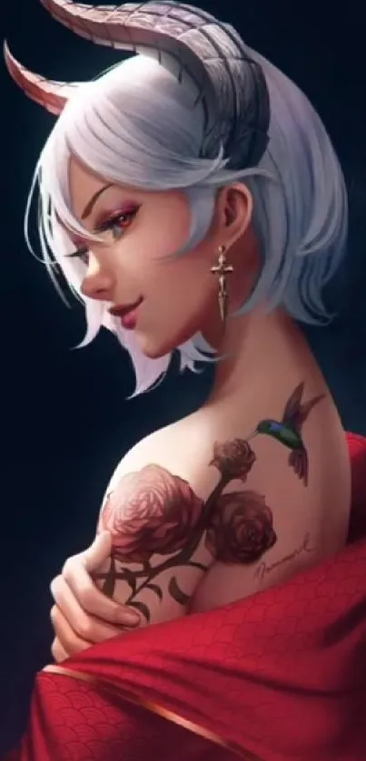 Anime demon portrait with flowers and hummingbird tattoo.