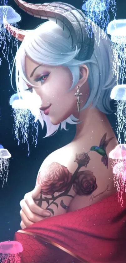 Anime character with jellyfish and floral tattoos in a mystical setting.