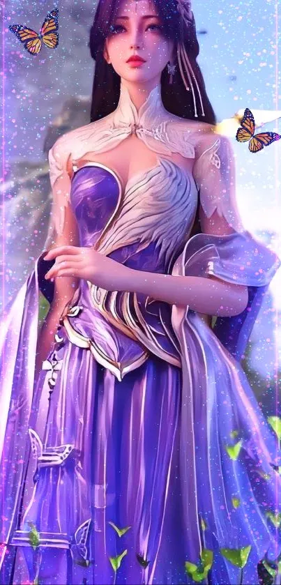 Anime fantasy wallpaper with female character in purple dress and forest background.