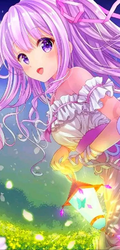 Anime girl in a vibrant, colorful fantasy scene with purple hues.