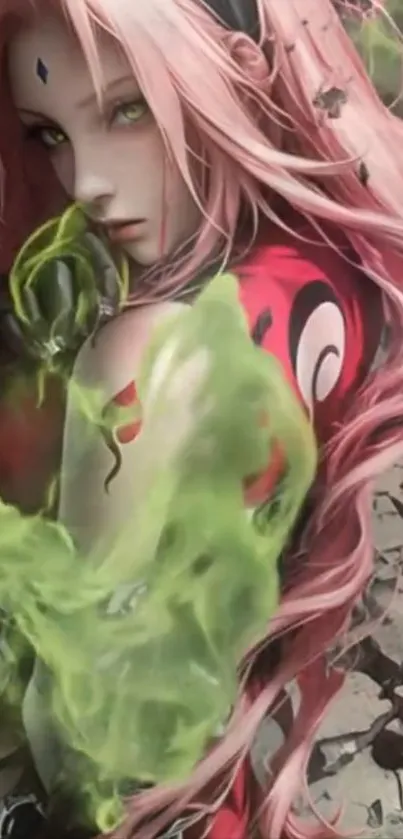 Enchanting anime character with vibrant pink hues and mystical aura.