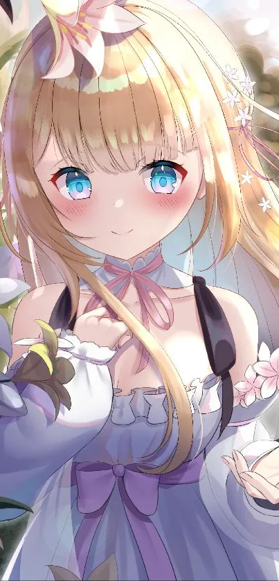 Anime girl with blue eyes surrounded by pastel flowers, wearing a lavender dress.