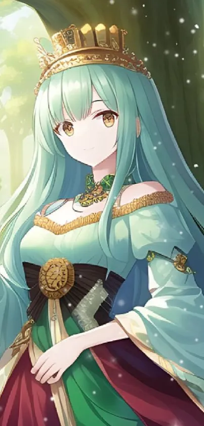 Anime queen in forest setting with elegant attire and crown.