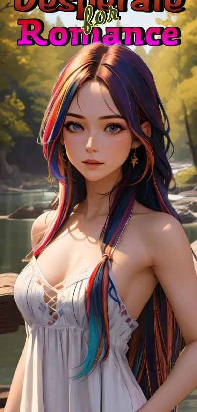 Anime girl with colorful hair in a fantasy forest setting.