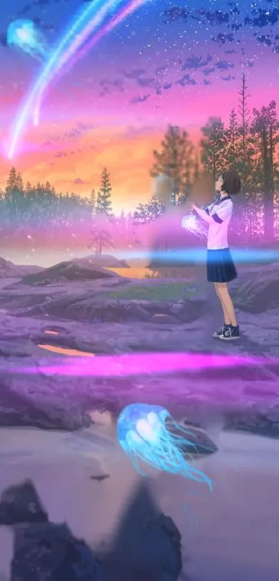 Anime forest sunset with glowing elements and a whimsical purple hue.