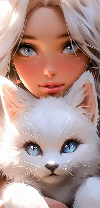 Anime girl with white cat and blue eyes.