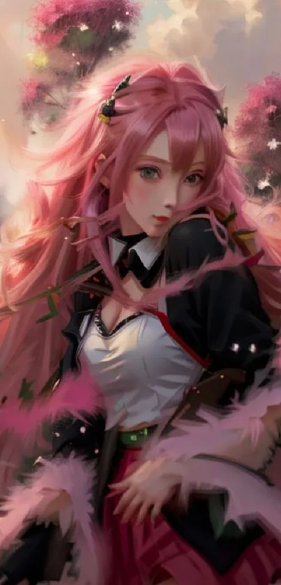 Anime girl with pink hair in a dreamy landscape wallpaper.