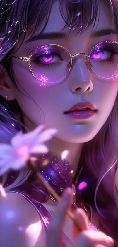 Anime girl with purple glasses and flower in enchanting art.