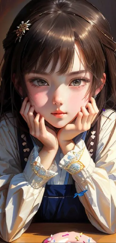 Detailed anime girl portrait with warm lighting and donut.