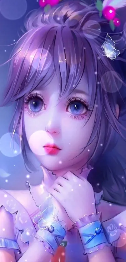 Enchanting anime girl with butterflies in purple hues.