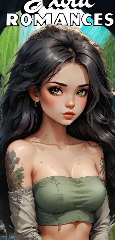 Anime girl with tattoos and green eyes on a dark themed wallpaper.