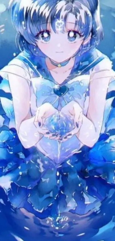 Anime girl in blue dress with water-themed background.